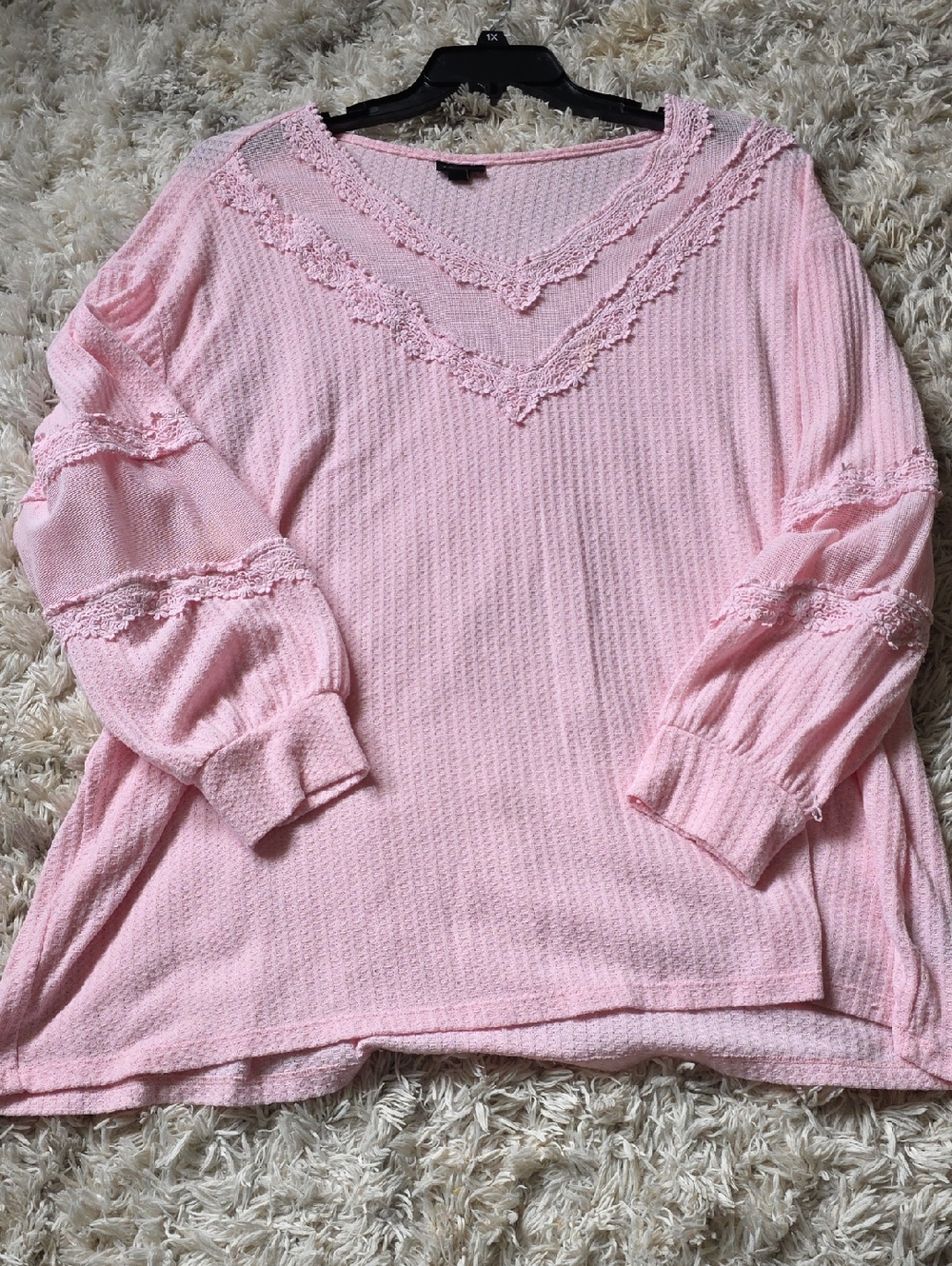 torrid Light Pink Waffle Knit Top with Lace Trim
